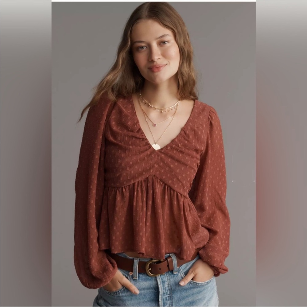 Anthropology Cedar Elegant Brown V-Neck Women's Top